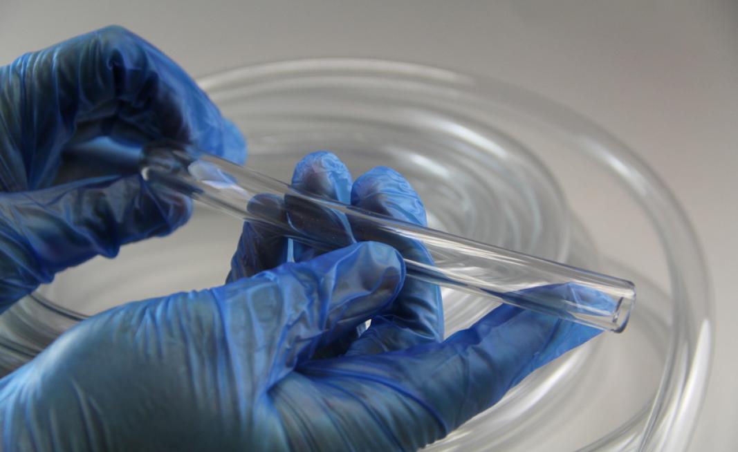 Transparenter Tygon®-Schlauch, der mit blauen Handschuhen gehalten wird.