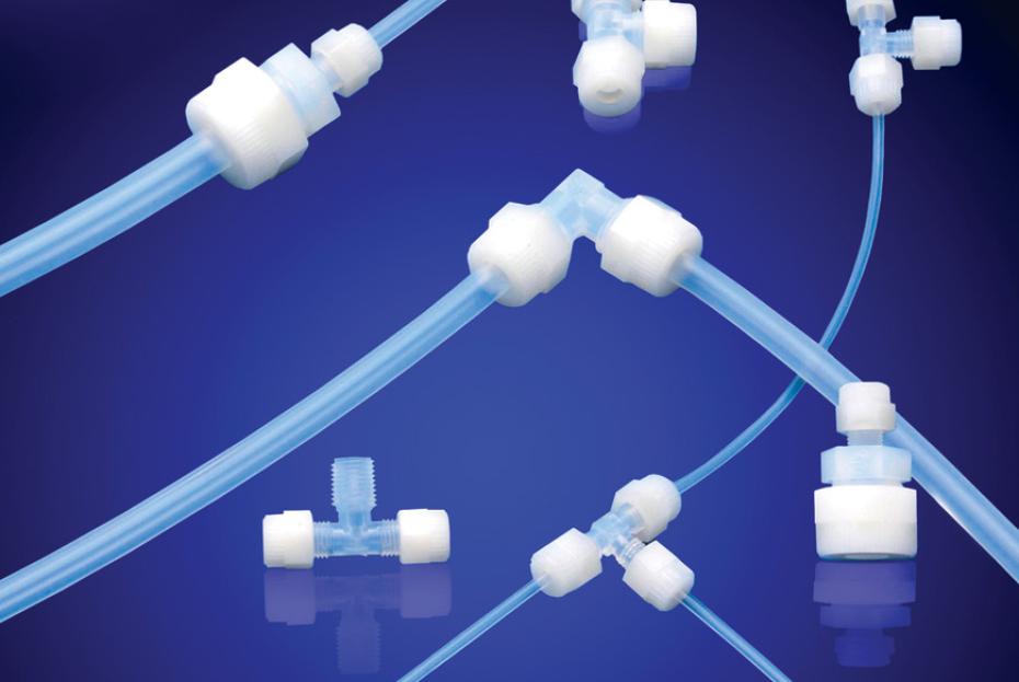 tubing and fittings on blue background